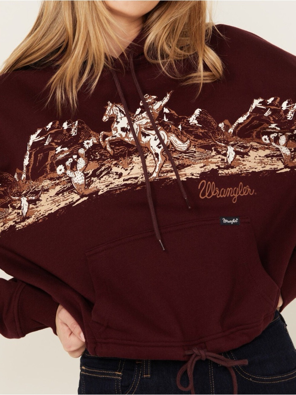 Wrangler Scenic Horse Print Cropped Hoodie Cinch Hem Burgundy XXL